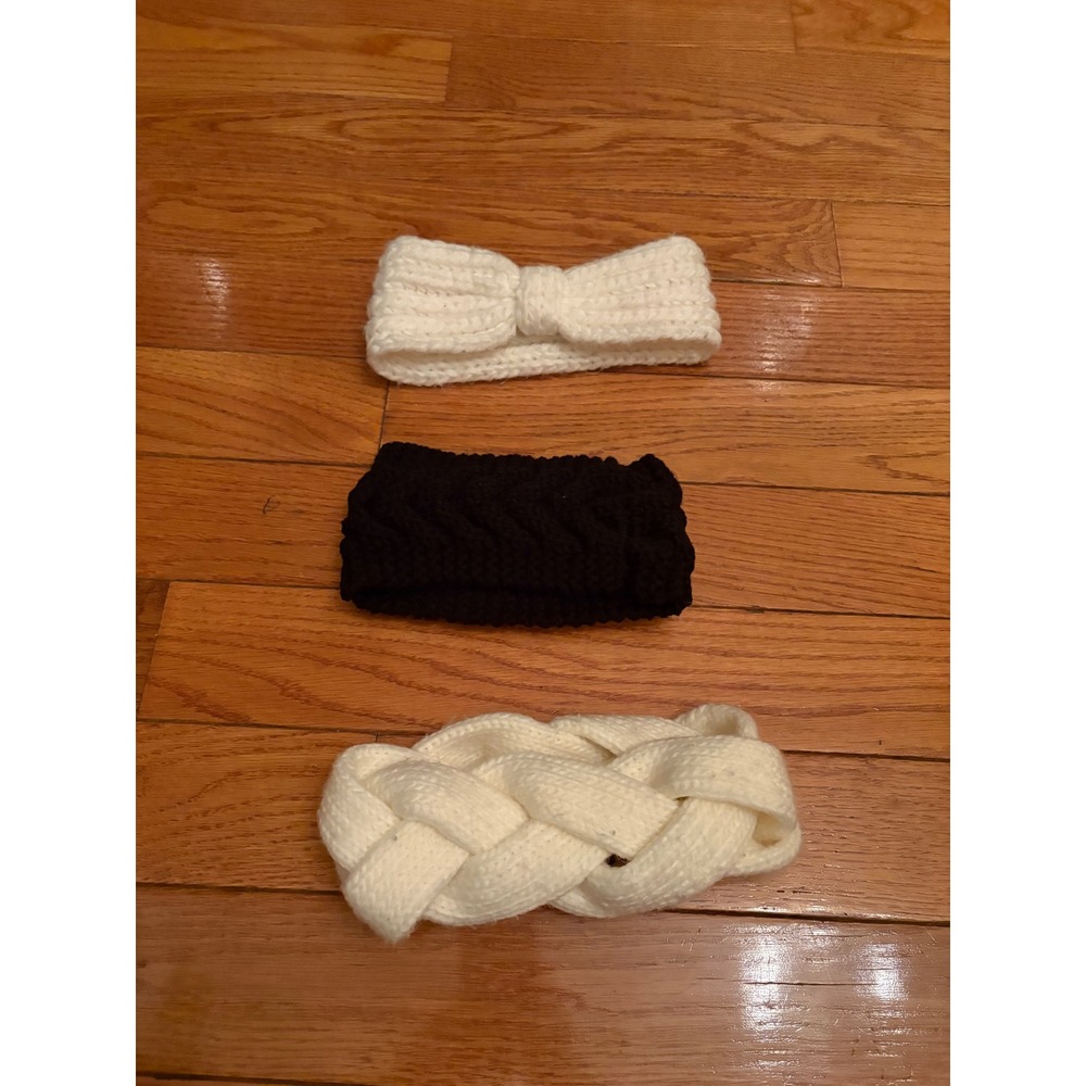 HM Divided Knit Headband Ear Warmer Bundle Black‎ Cream Braided Bow 3pc Set